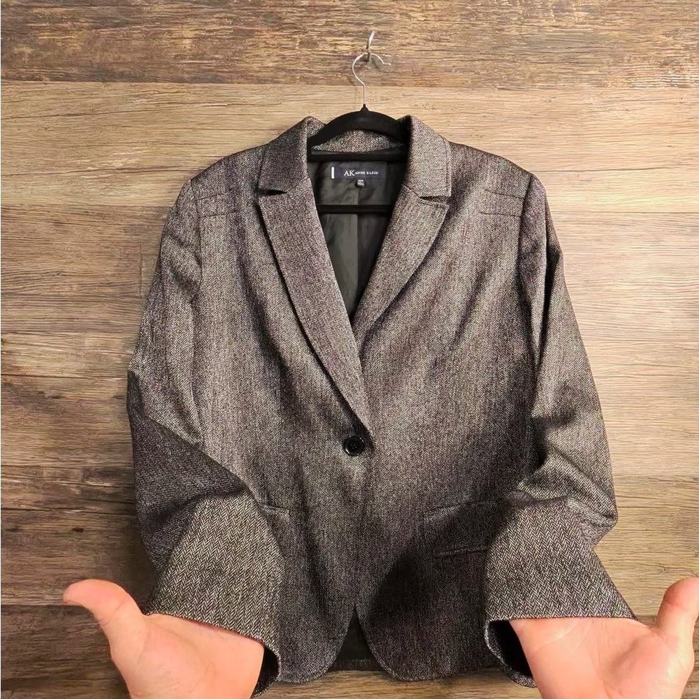 Anne Klein Black & Metallic Silver Tweed Single-Button Blazer - Picture 2 of 7
